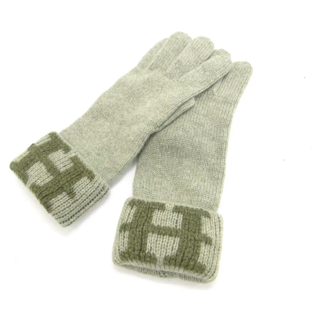 HERMES Knit Gloves Green Size L 100% Cashmere H Logo Italy